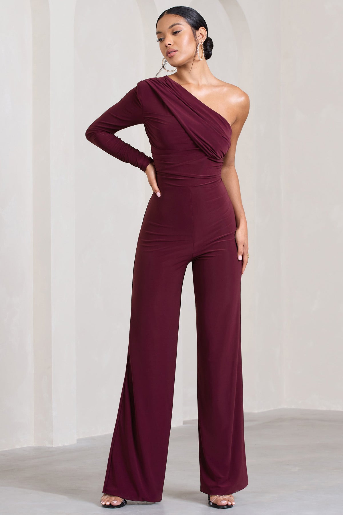 Mila | Burgundy One Shoulder Ruched Wide Leg Jumpsuit