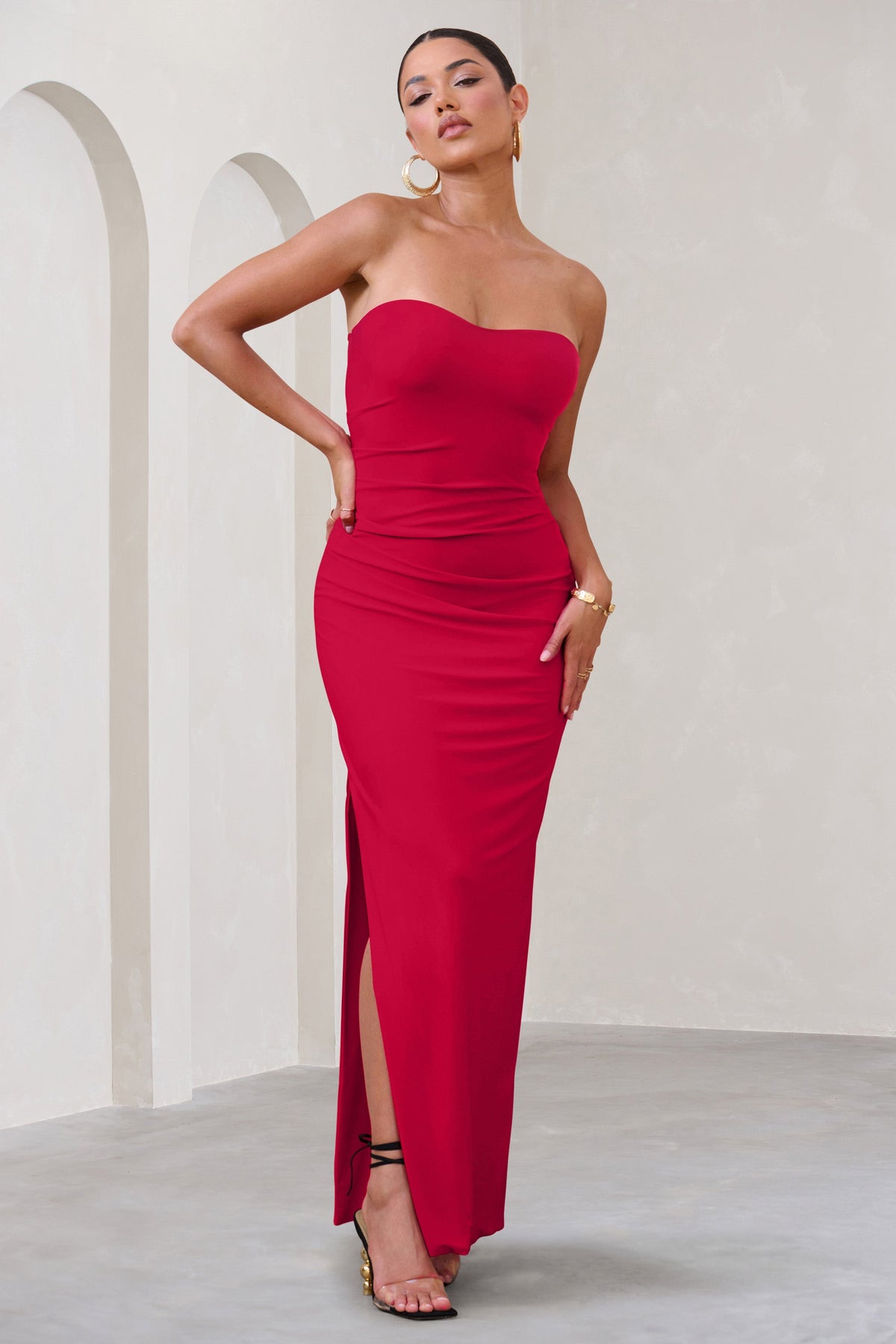 Manon | Red Sweetheart Bandeau Maxi Dress With Thigh Split