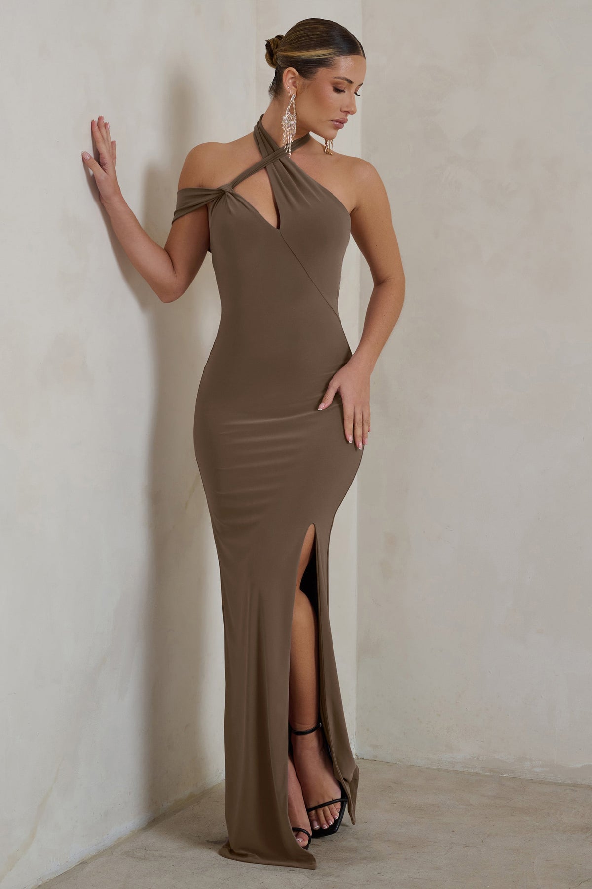 Clementine | Mocha Asymmetric Neckline Maxi Dress With Thigh Split