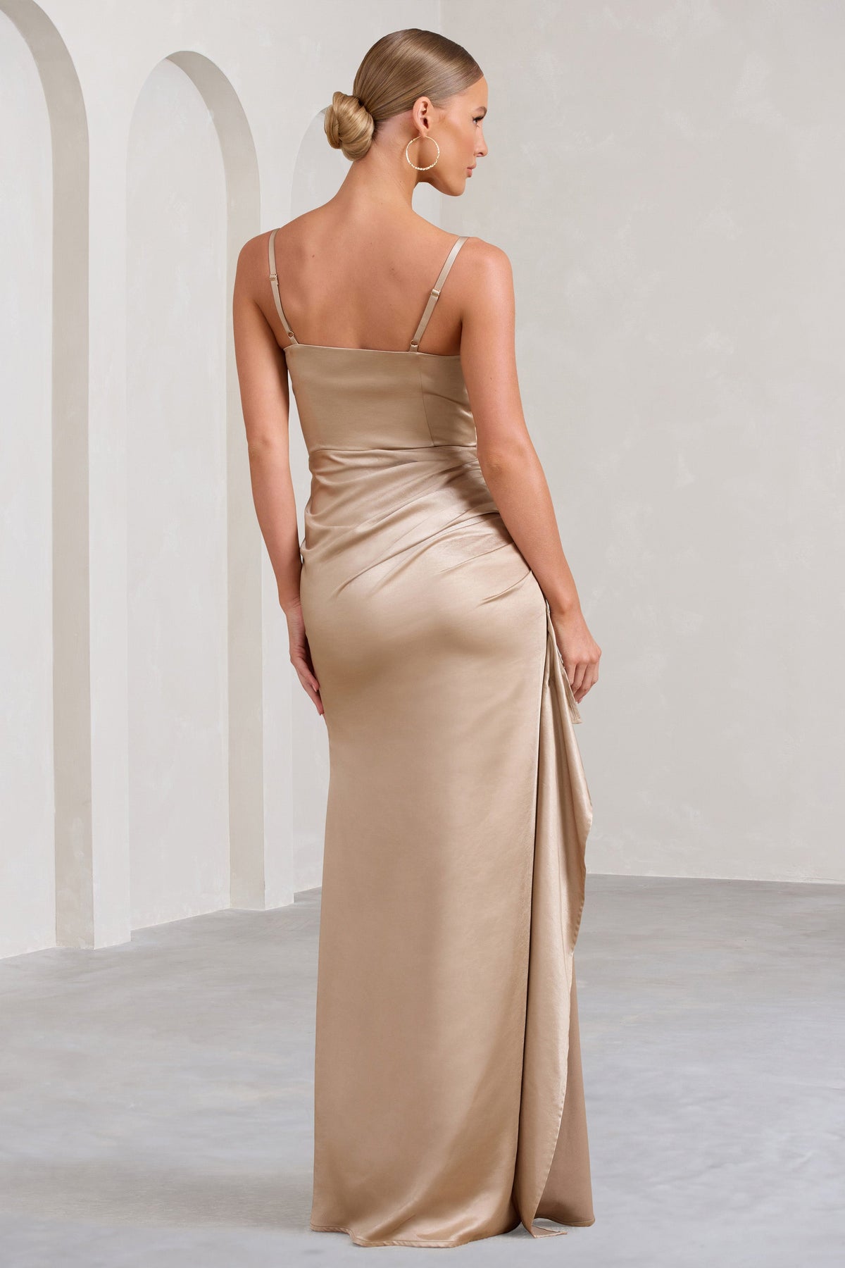 Buckingham | Champagne Satin Pleated Split Maxi Dress