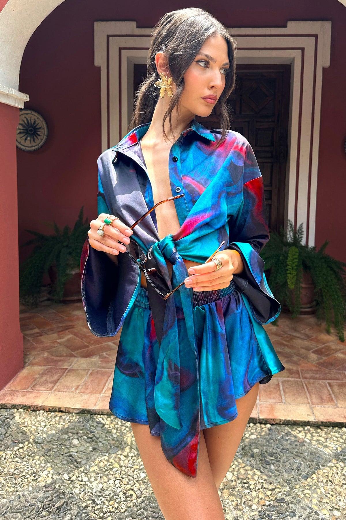 Keep Trying | Short imprimé bleu en satin