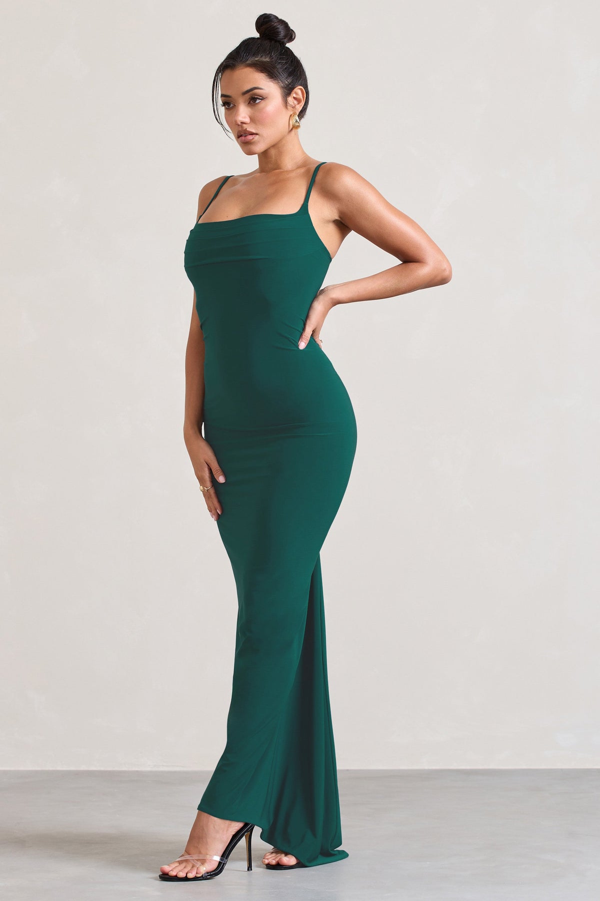 Camera One | Bottle Green Strappy Laced Bodycon Maxi Dress