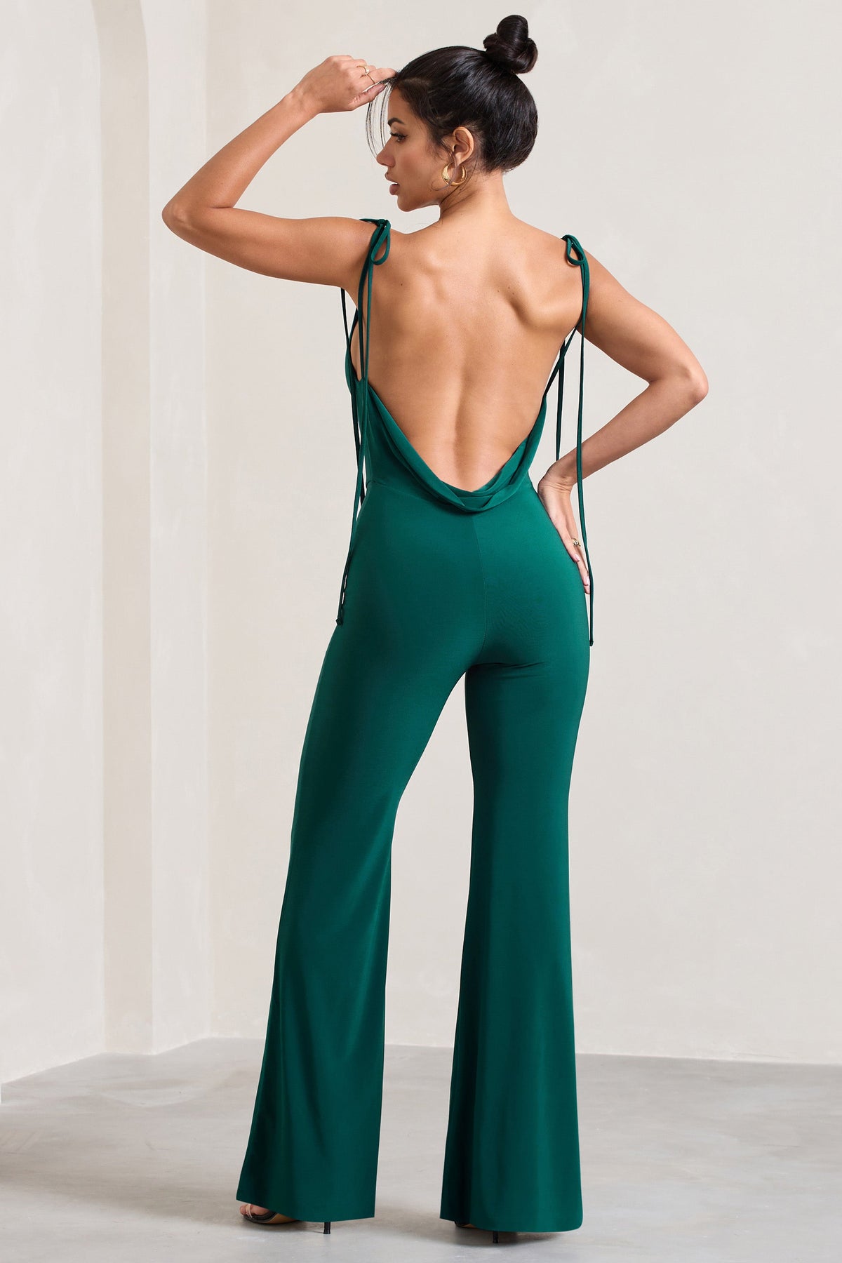 Pose | Bottle Green Cowl-Neck Strappy Flared-Leg Jumpsuit