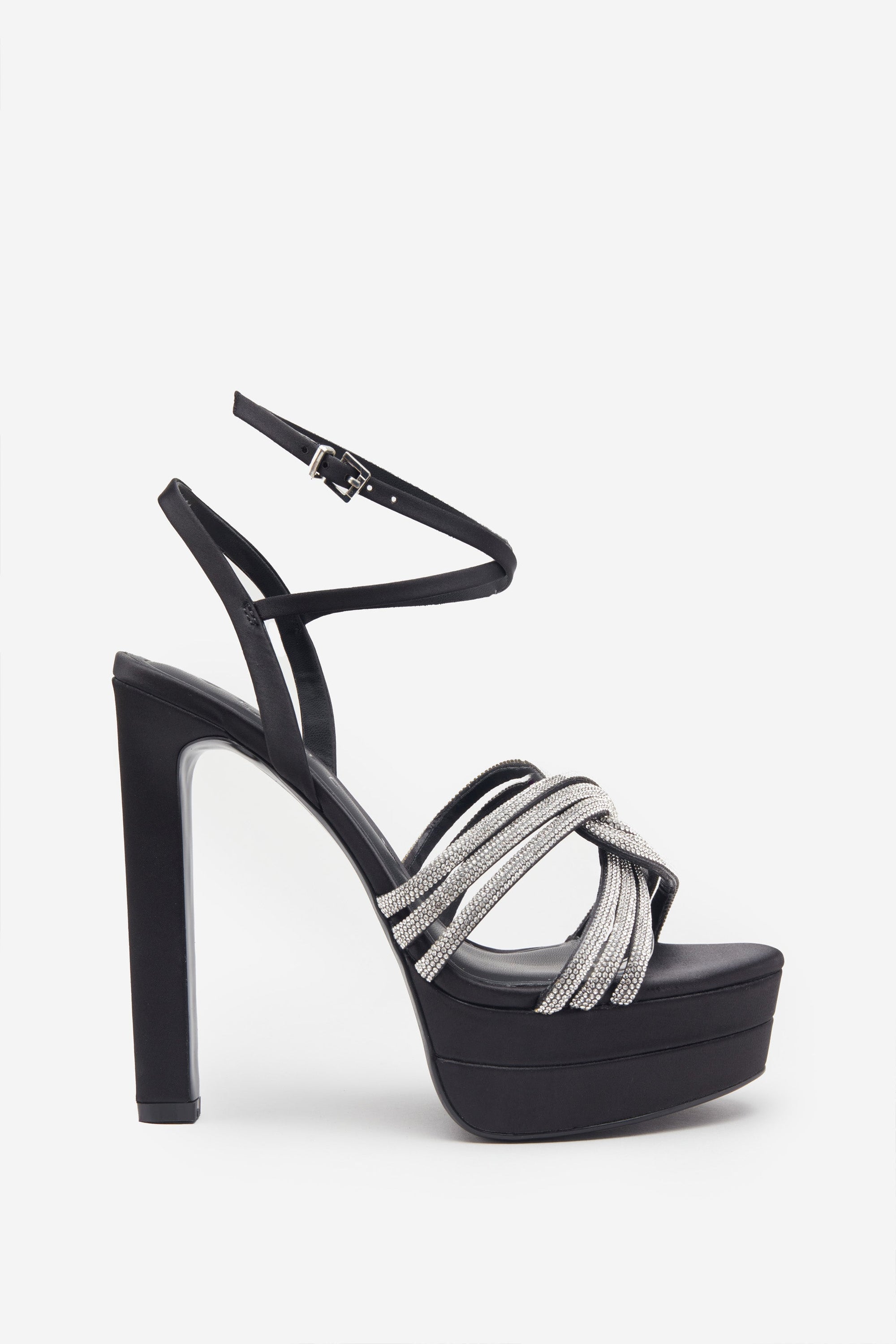 Doll Drama | Talons plateforme à lanières en satin noir avec strass