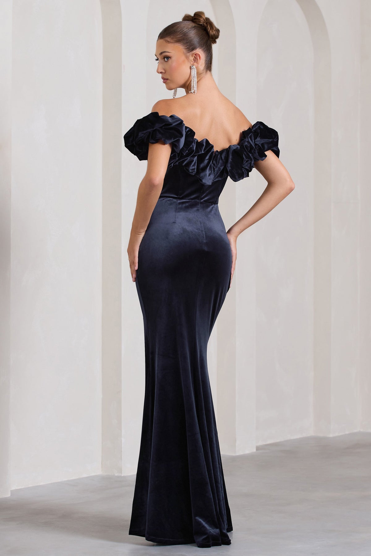 Esmeralda | Navy Velvet Structured Ruffled Bardot Maxi Dress