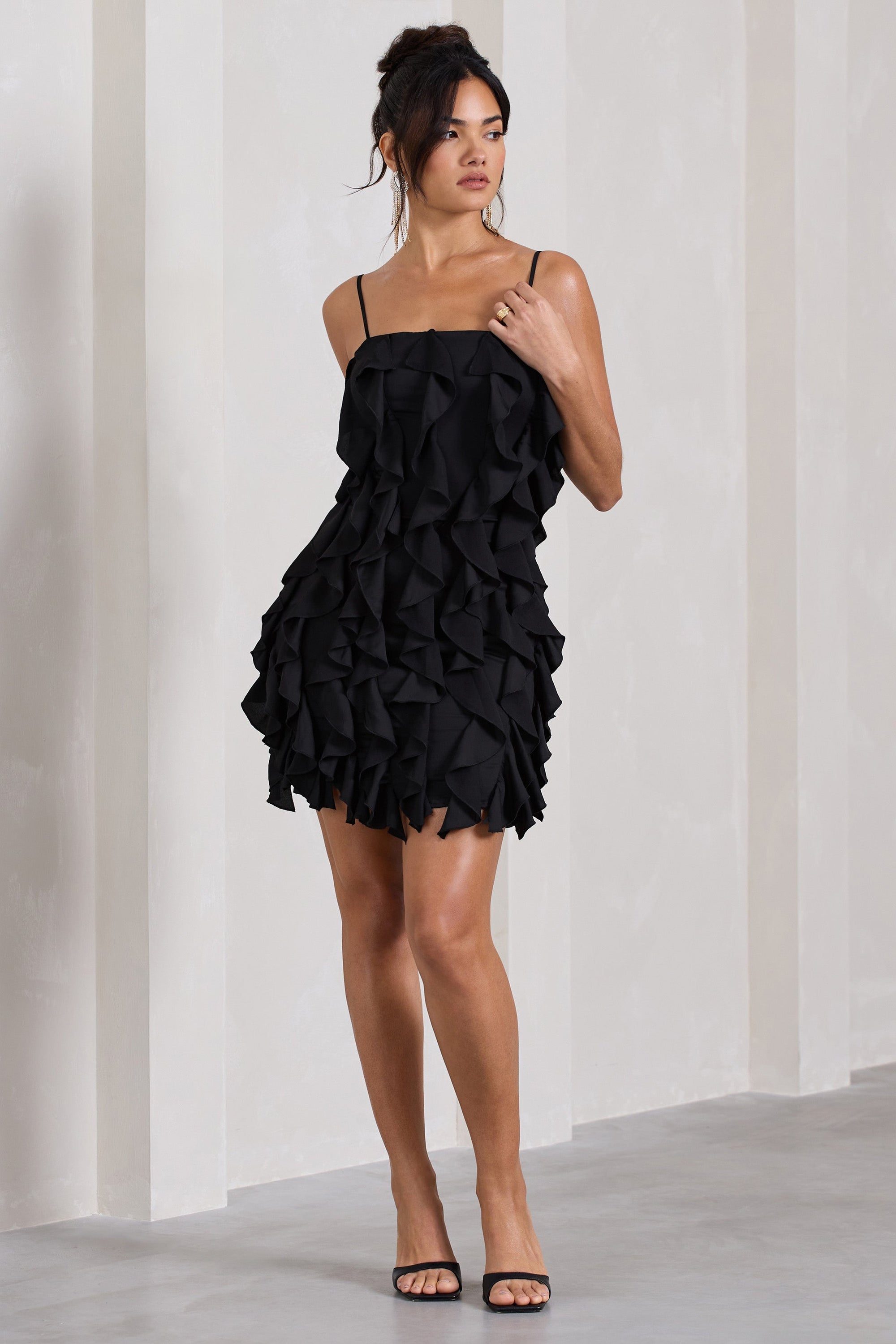 It Girl | Black Bandeau Bodycon Mini Dress With Ruffles