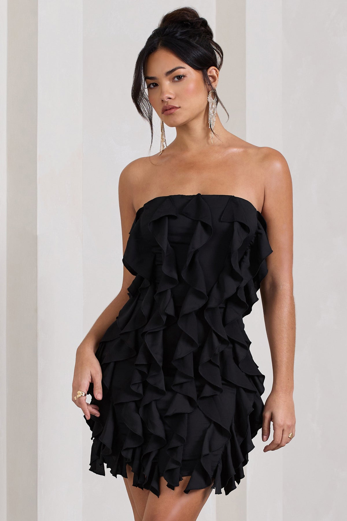 It Girl | Black Bandeau Bodycon Mini Dress With Ruffles US 2 / Black It Girl | Black Bandeau Bodycon Mini Dress With Ruffles US 2 / Black