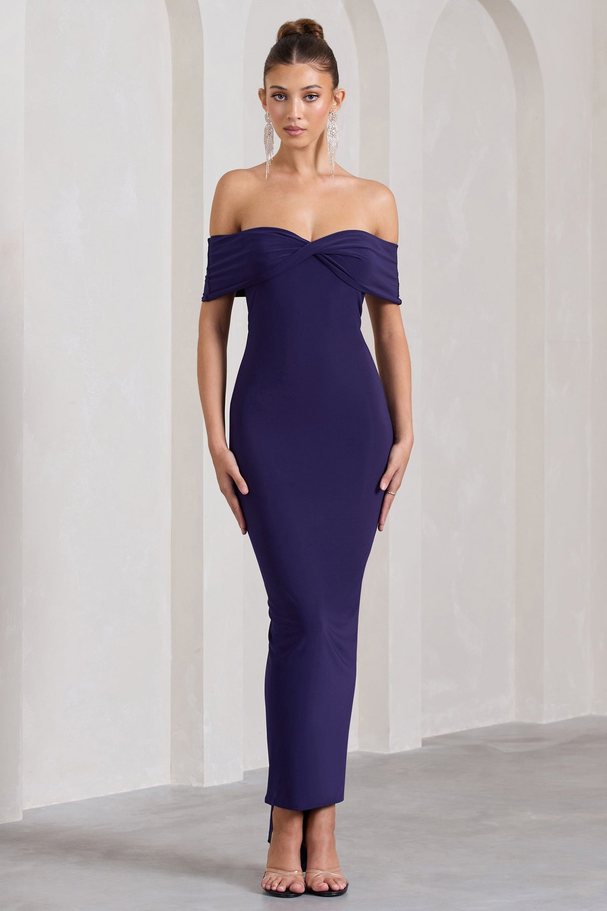 Vivienne | Purple Bardot Open-Back Maxi Dress