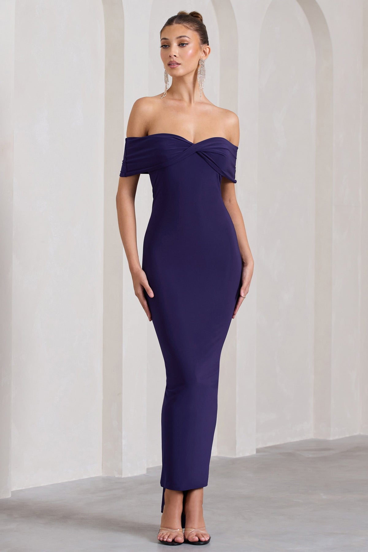 Vivienne | Purple Bardot Open-Back Maxi Dress