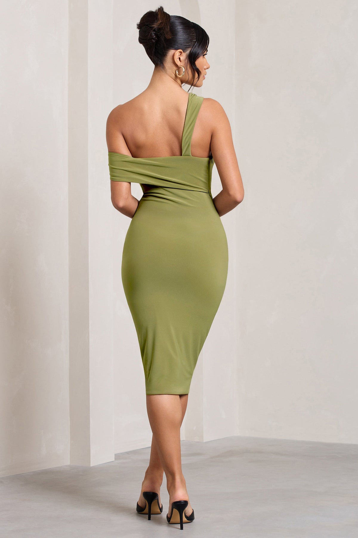 Ella | Olive Asymmetric Neck Cut Out Midi Dress