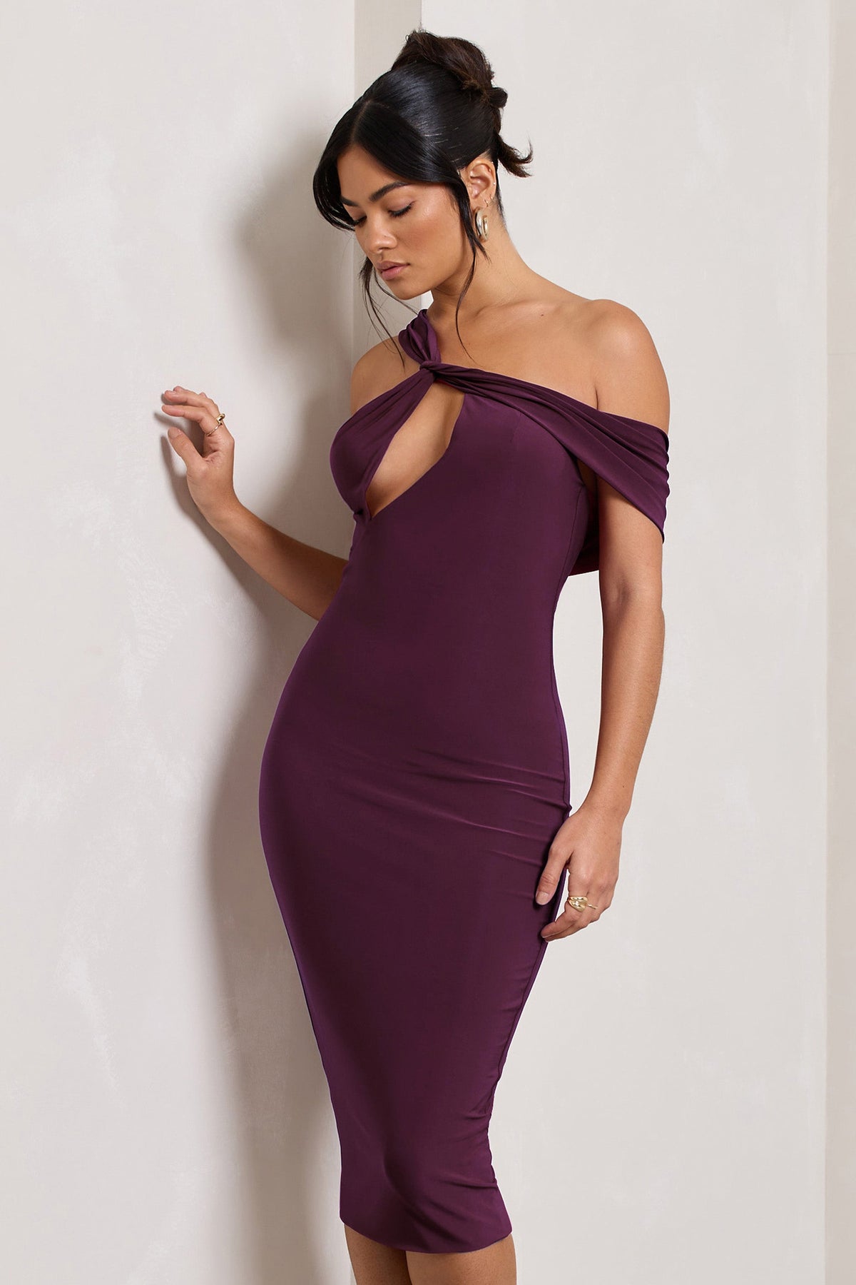 Ella | Plum Asymmetric Neck Cut Out Midi Dress