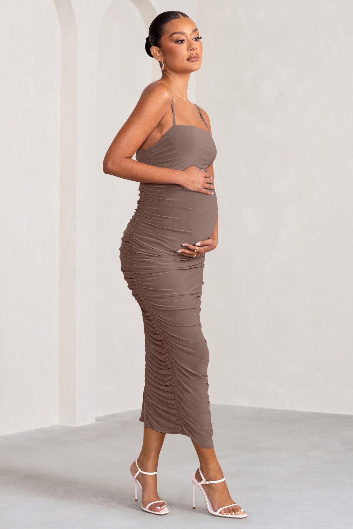 Sentimental | Mocha Maternity Midi Dress with Cami Straps and Ruching