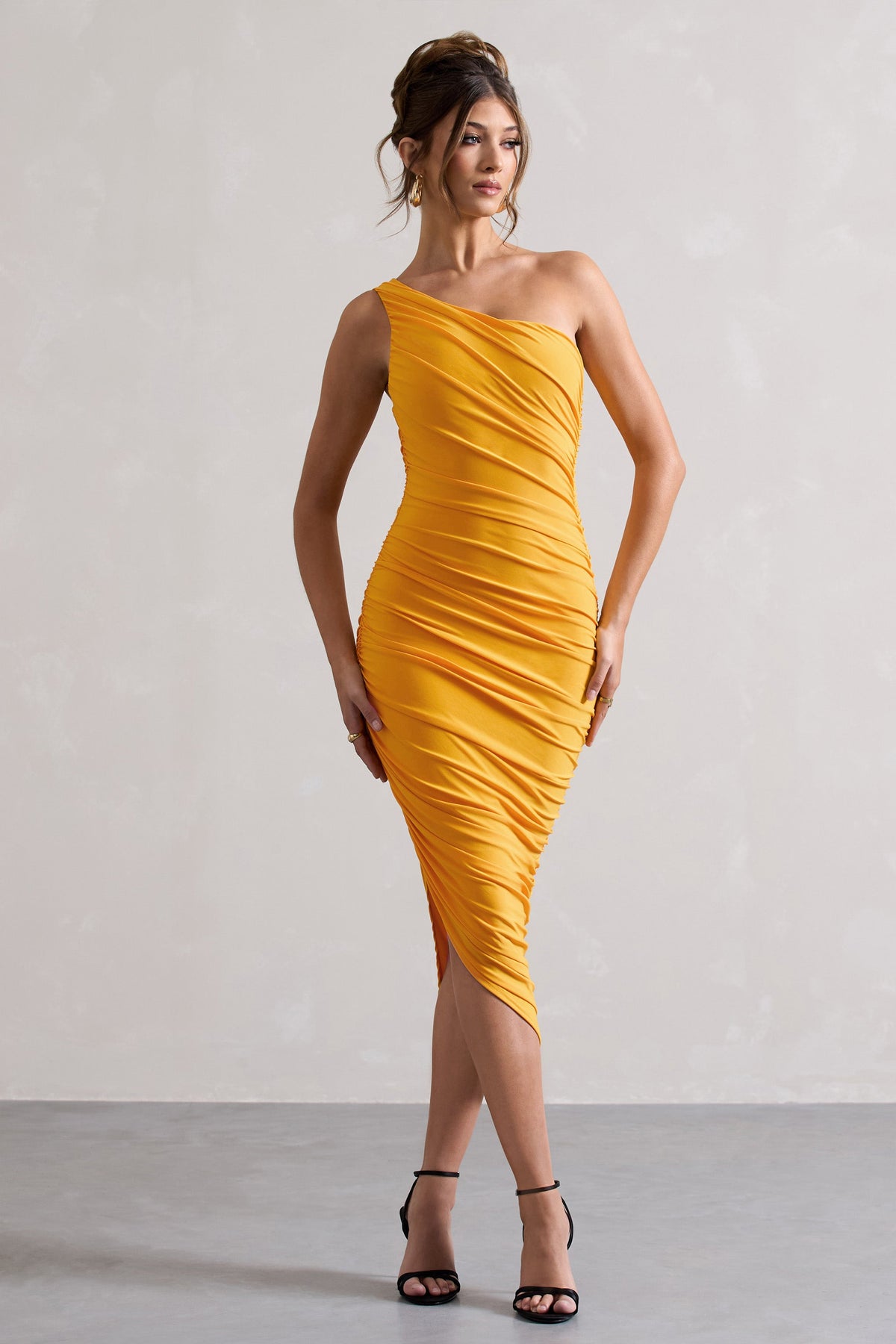 Dorit | Mango One Shoulder Asymmetric Ruched Midi Dress