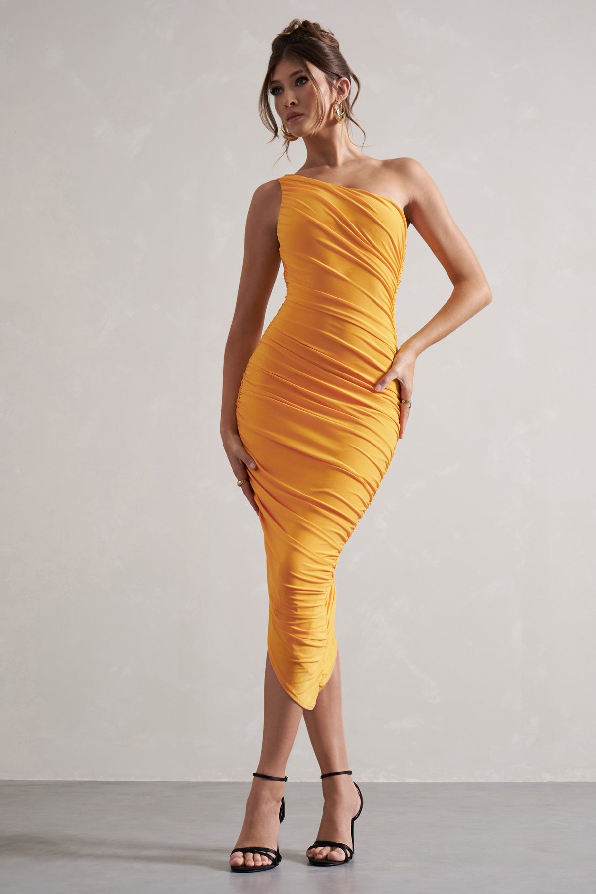 Dorit | Mango One Shoulder Asymmetric Ruched Midi Dress