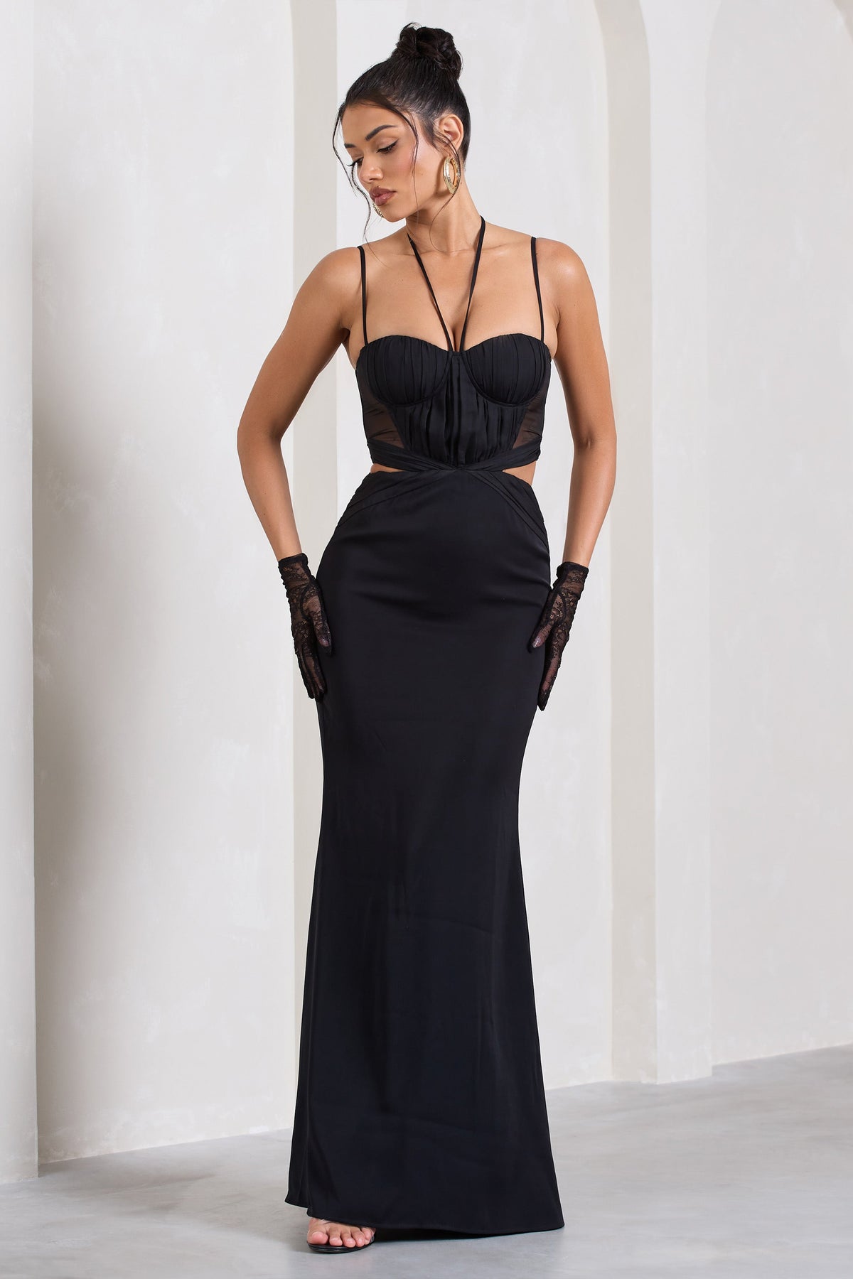 Stardom | Black Chiffon Strappy Sweetheart Cut-Out Maxi Dress