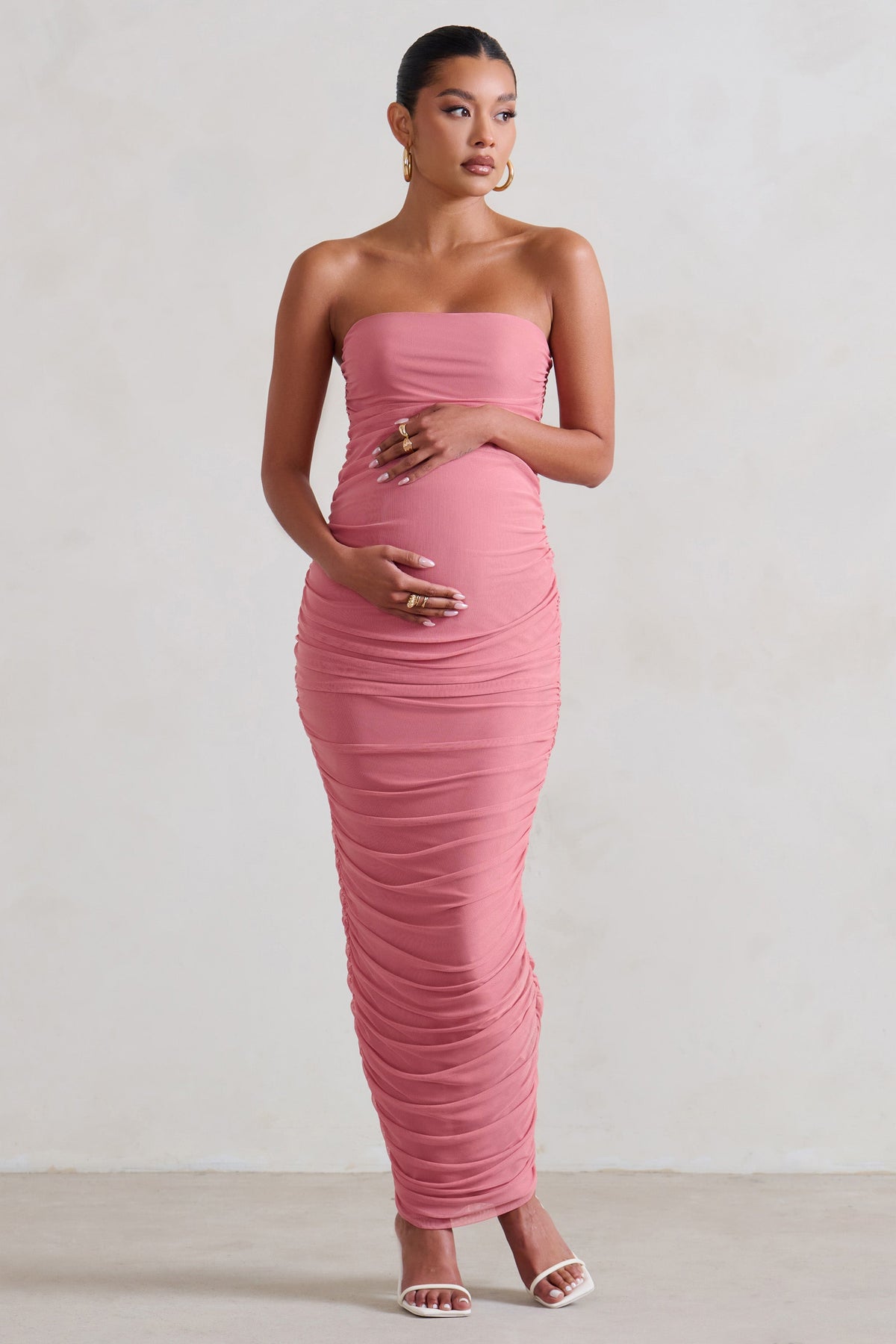 My Lady | Maternity Blush Pink Strapless Bodycon Ruched Mesh Maxi Dress