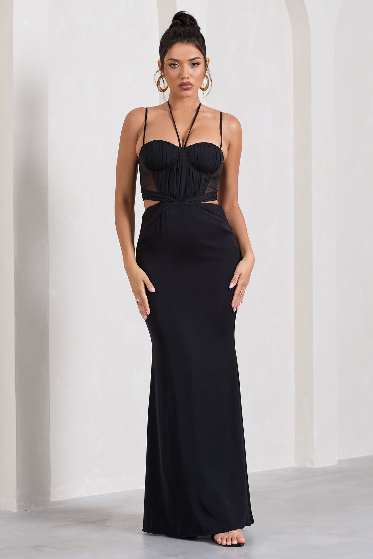 Stardom | Black Chiffon Strappy Sweetheart Cut-Out Maxi Dress