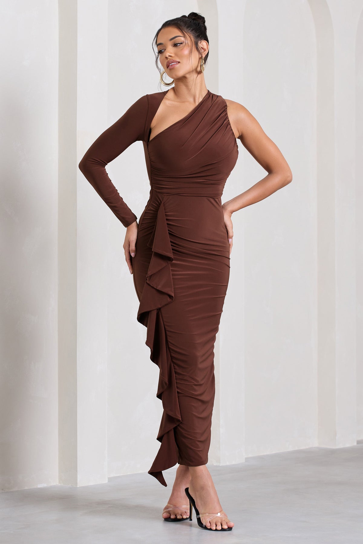 Compass | Brown One-Sleeved Cut-Out Maxi Dress With Ruffle