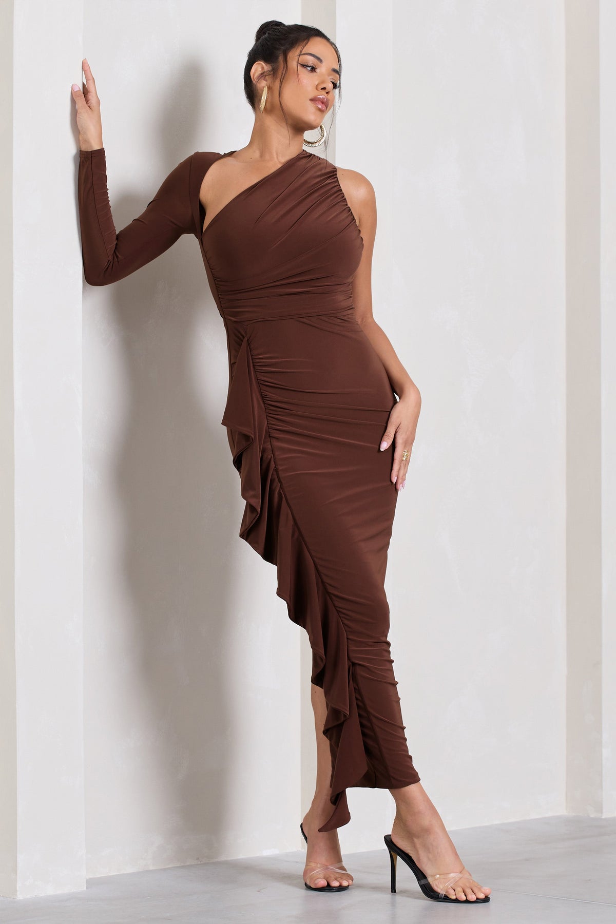 Compass | Brown One-Sleeved Cut-Out Maxi Dress With Ruffle