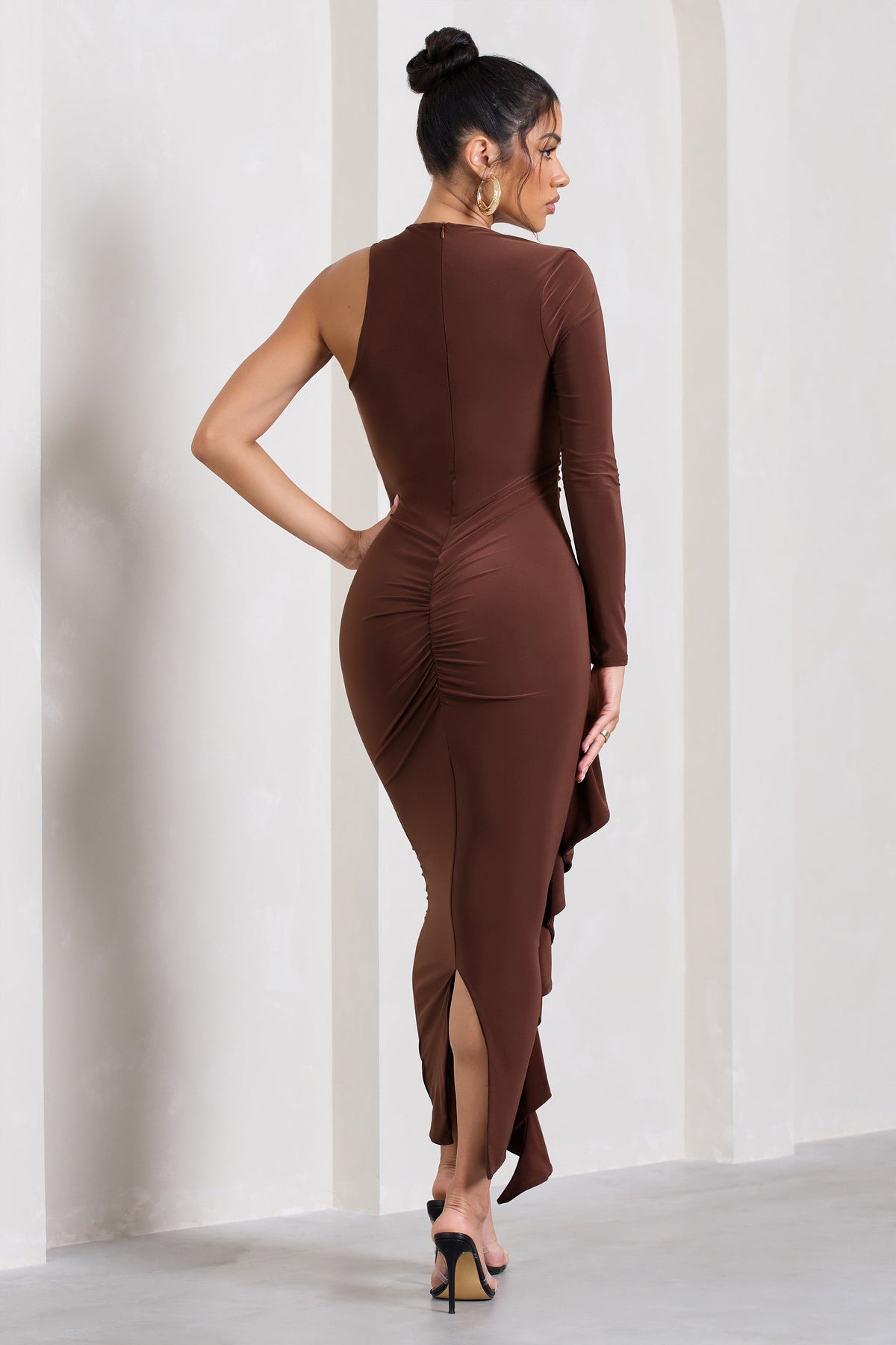 Compass | Brown One-Sleeved Cut-Out Maxi Dress With Ruffle