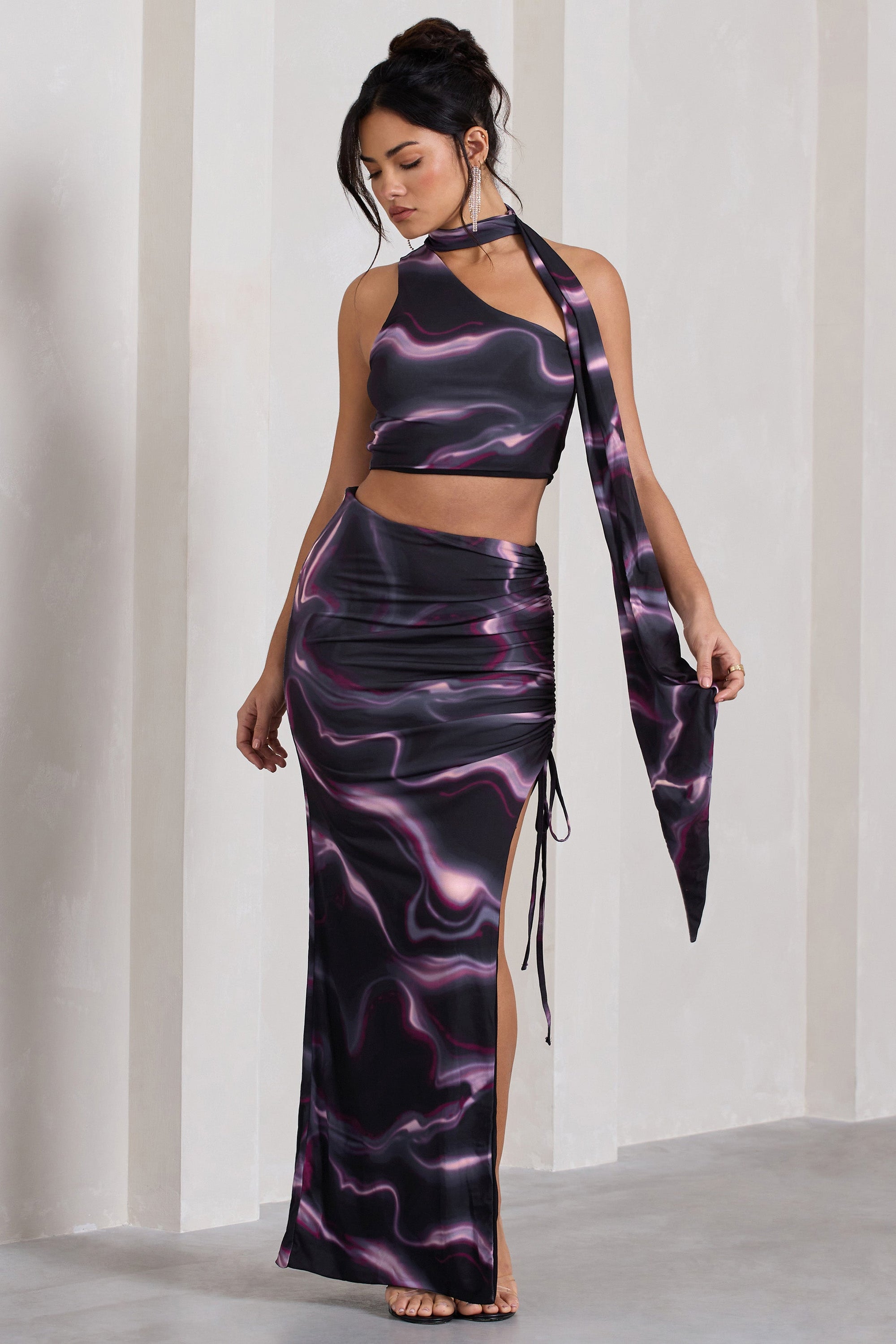 In The Air | Jupe longue noire taille haute froncée et asymétrique