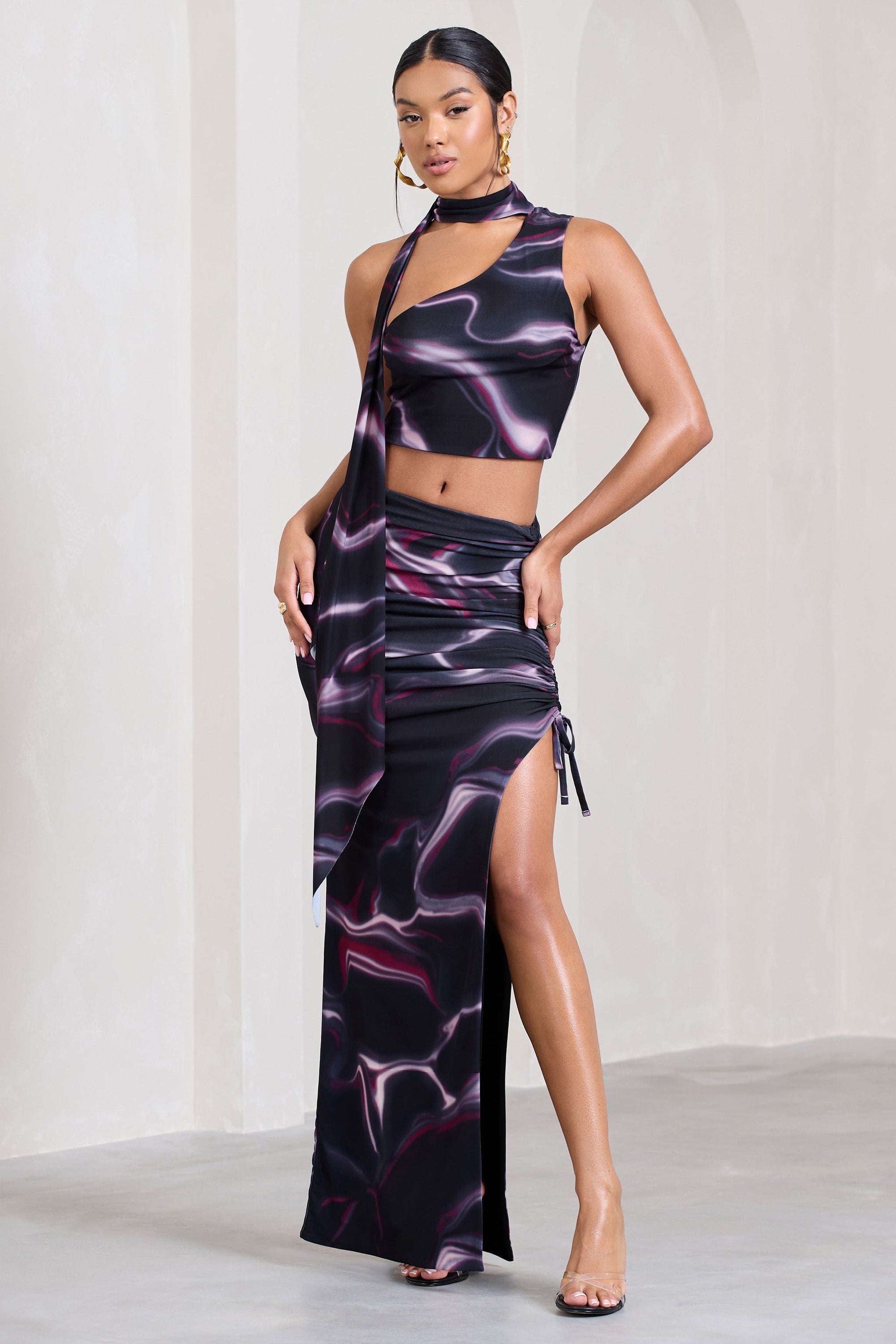 In The Air | Jupe longue noire taille haute froncée et asymétrique