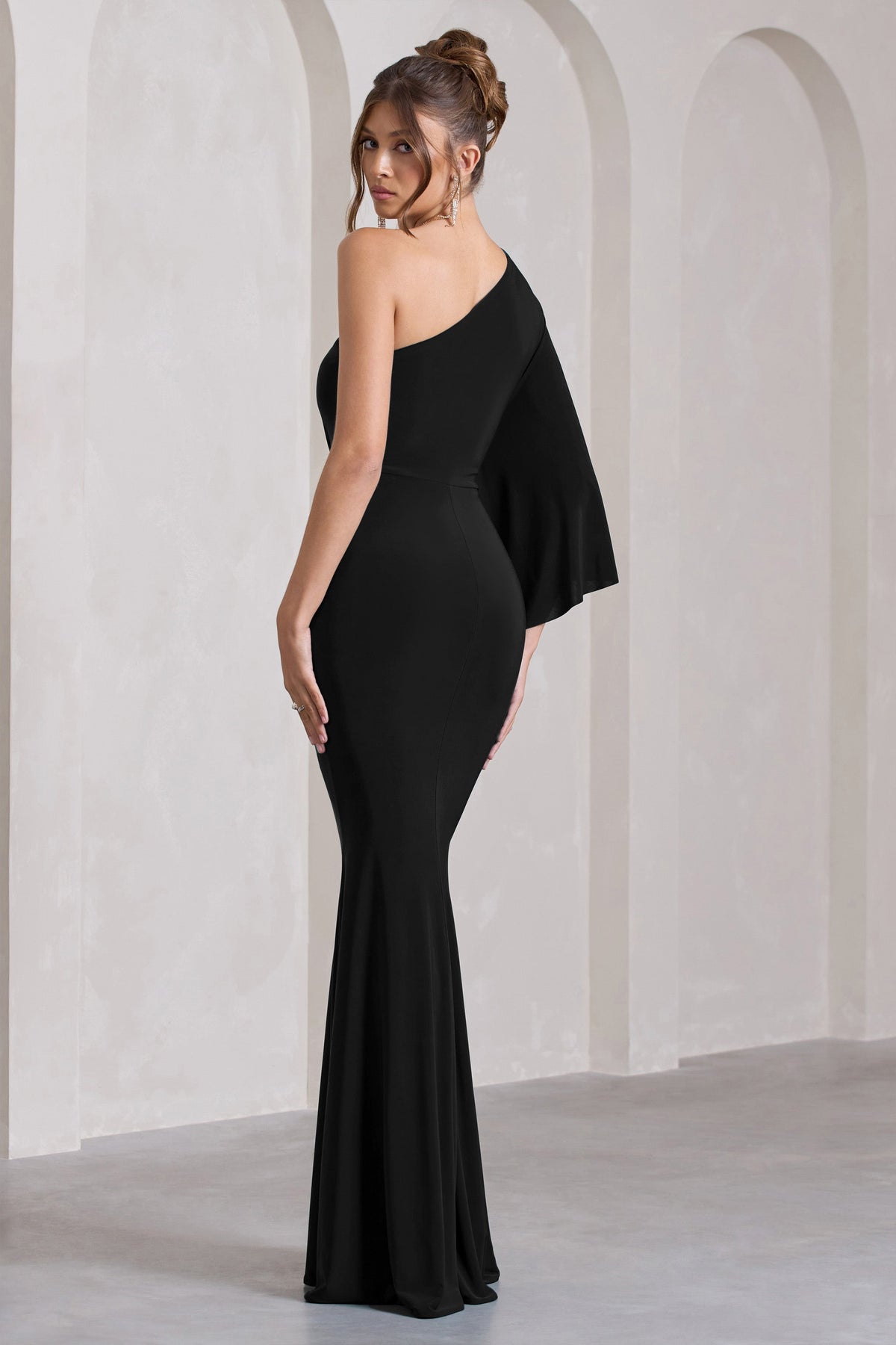 Luciana | Black One Shoulder Drape Sleeve Maxi Dress