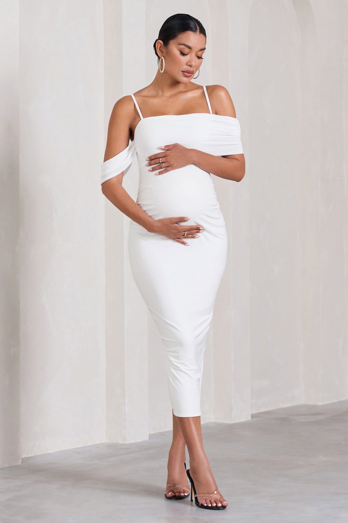 Shelby | White Mesh Bardot Strappy Maternity Midi Dress