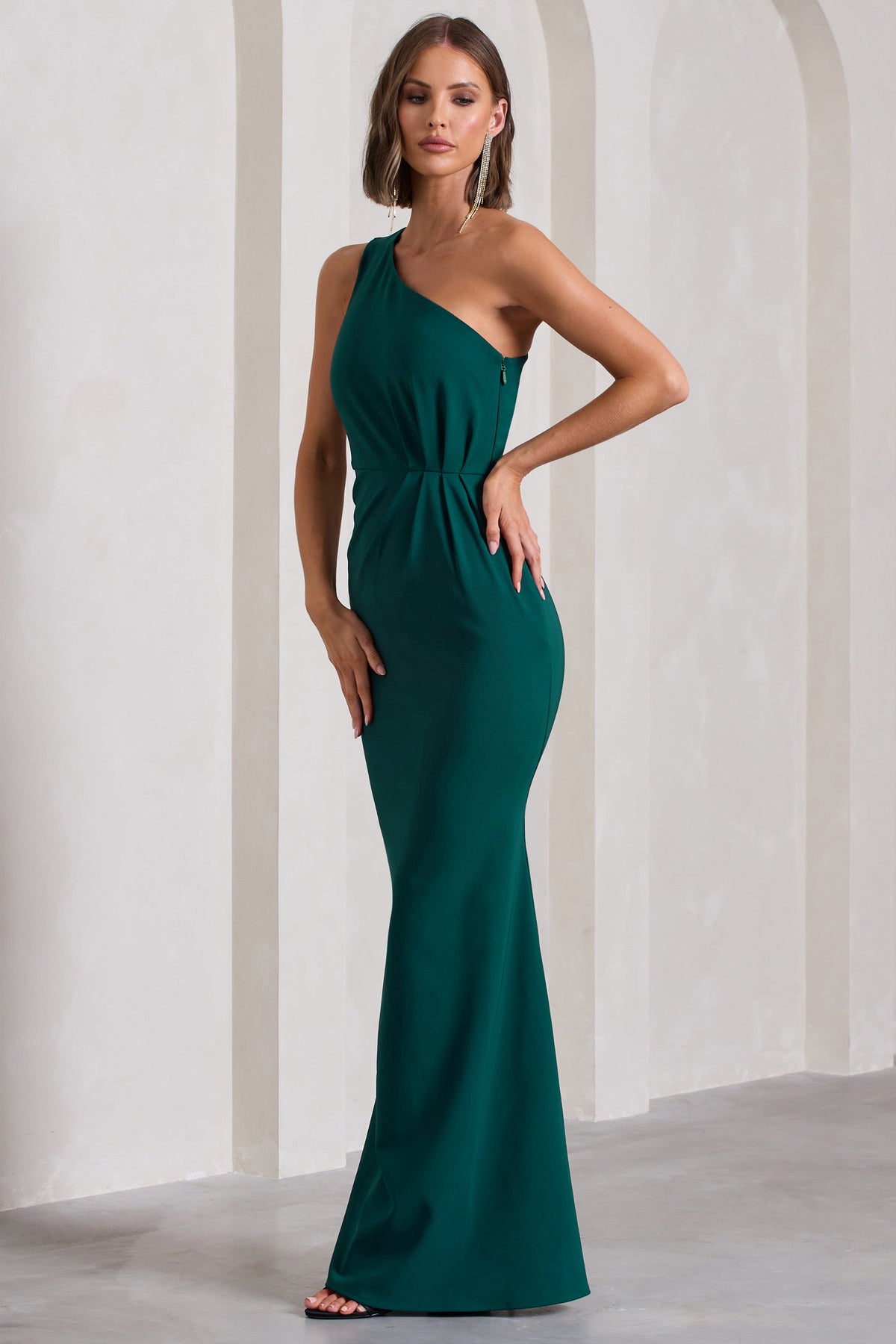 Michelle | Bottle Green One-Shoulder Gathered Maxi Dress