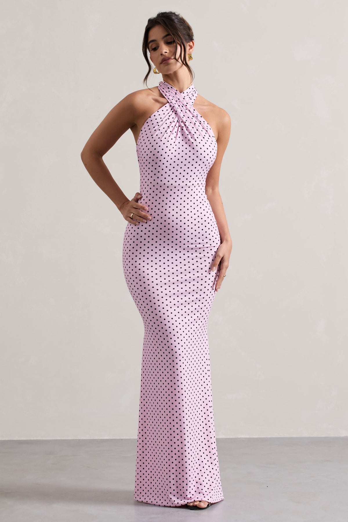 Invincible | Pink Polka Dot Cross Over Halter-Neck Open-Back Maxi Dress