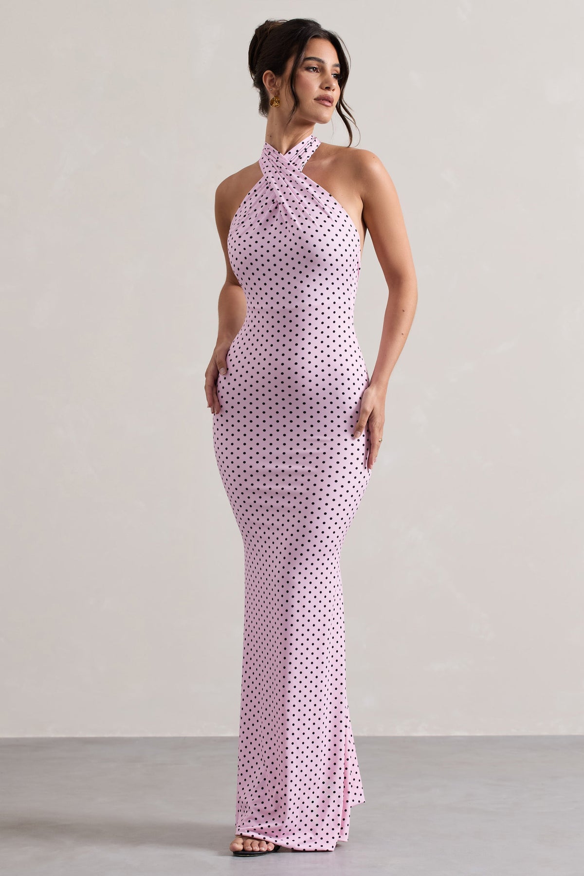 Invincible | Pink Polka Dot Cross Over Halter-Neck Open-Back Maxi Dress