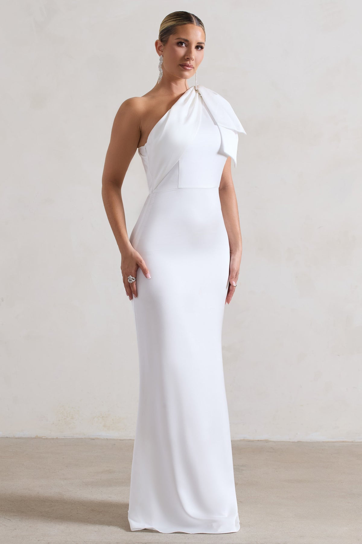 Lady | White Satin One Shoulder Maxi Dress With Bow