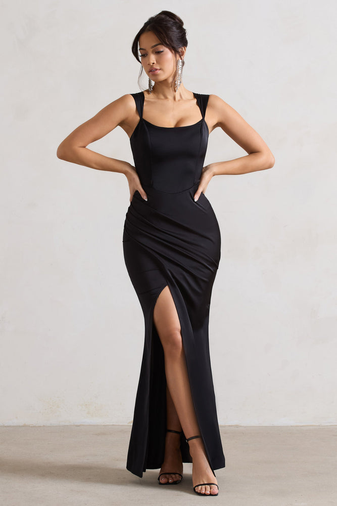 A Romantic Black Satin Corset Wrap Maxi Dress – Club L