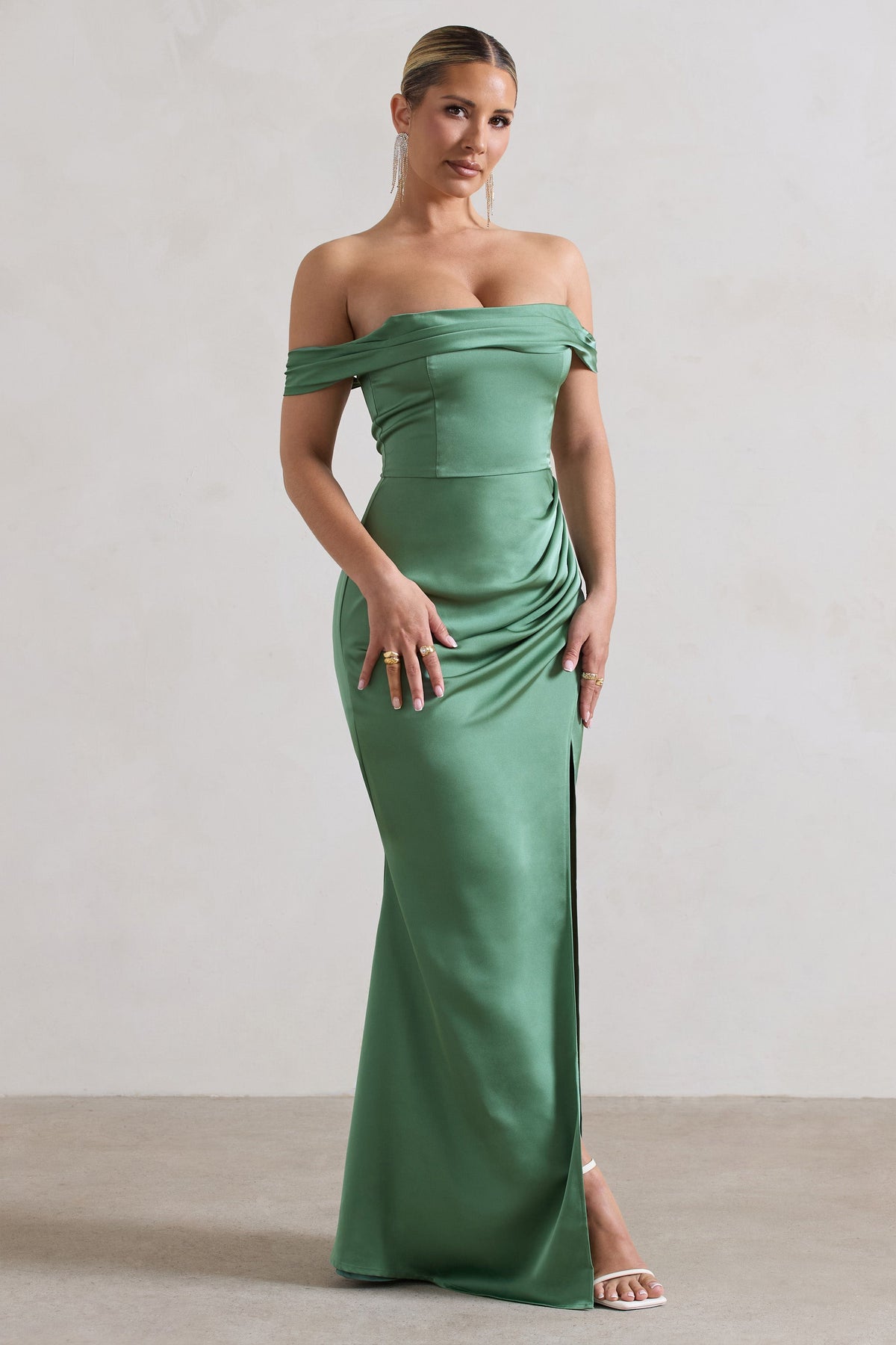 Katia | Soft Green Satin Bardot  Maxi Dress