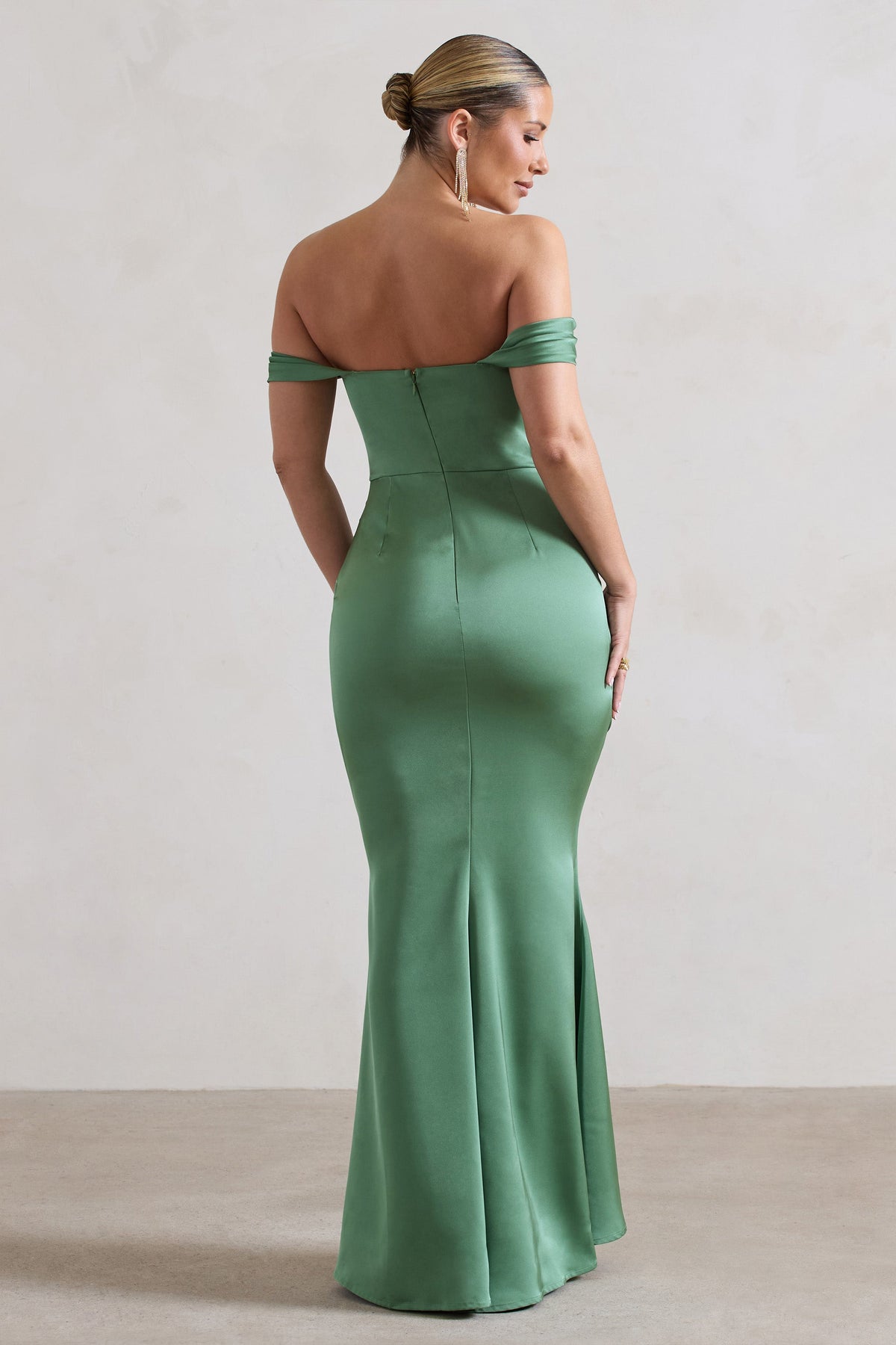 Katia | Soft Green Satin Bardot  Maxi Dress