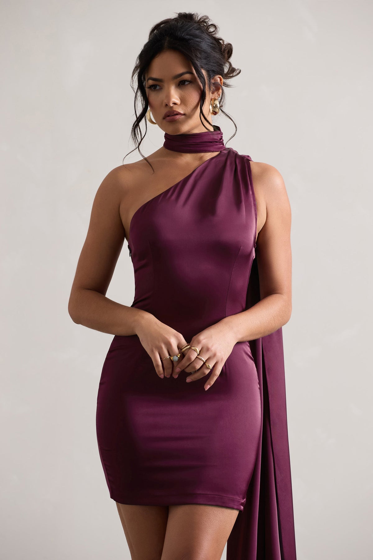 Natalie | Plum Satin One Shoulder Mini Dress With Scarf Detail