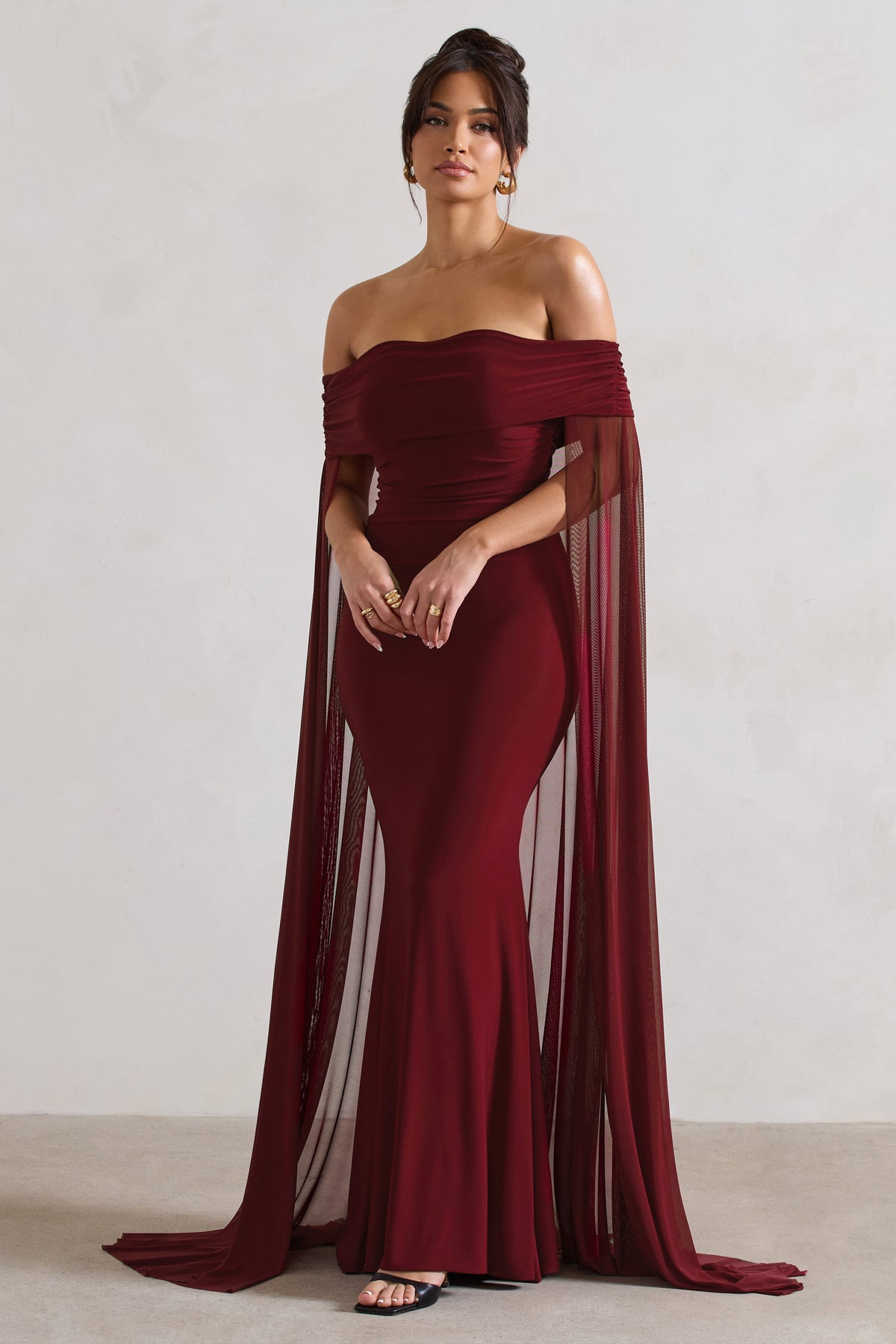 Carlotta | Berry Bardot Maxi Dress With Chiffon Cape