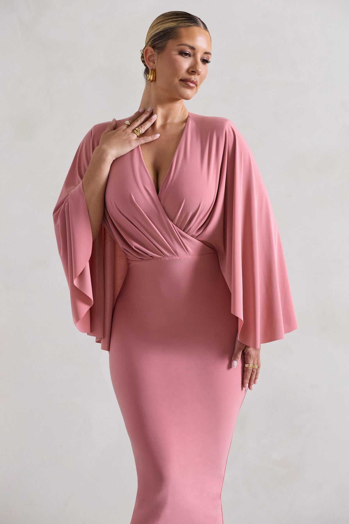 Mishka | Blush Pink Plunge-Neck Cape Midi Dress