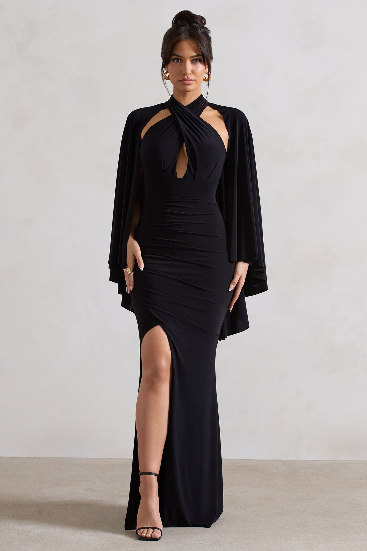 Audrina Black Ruched Halter-Neck Split Maxi Dress With Cape Club L London - CA Audrina Black Ruched Halter-Neck Split Maxi Dress With Cape Club L London - CA