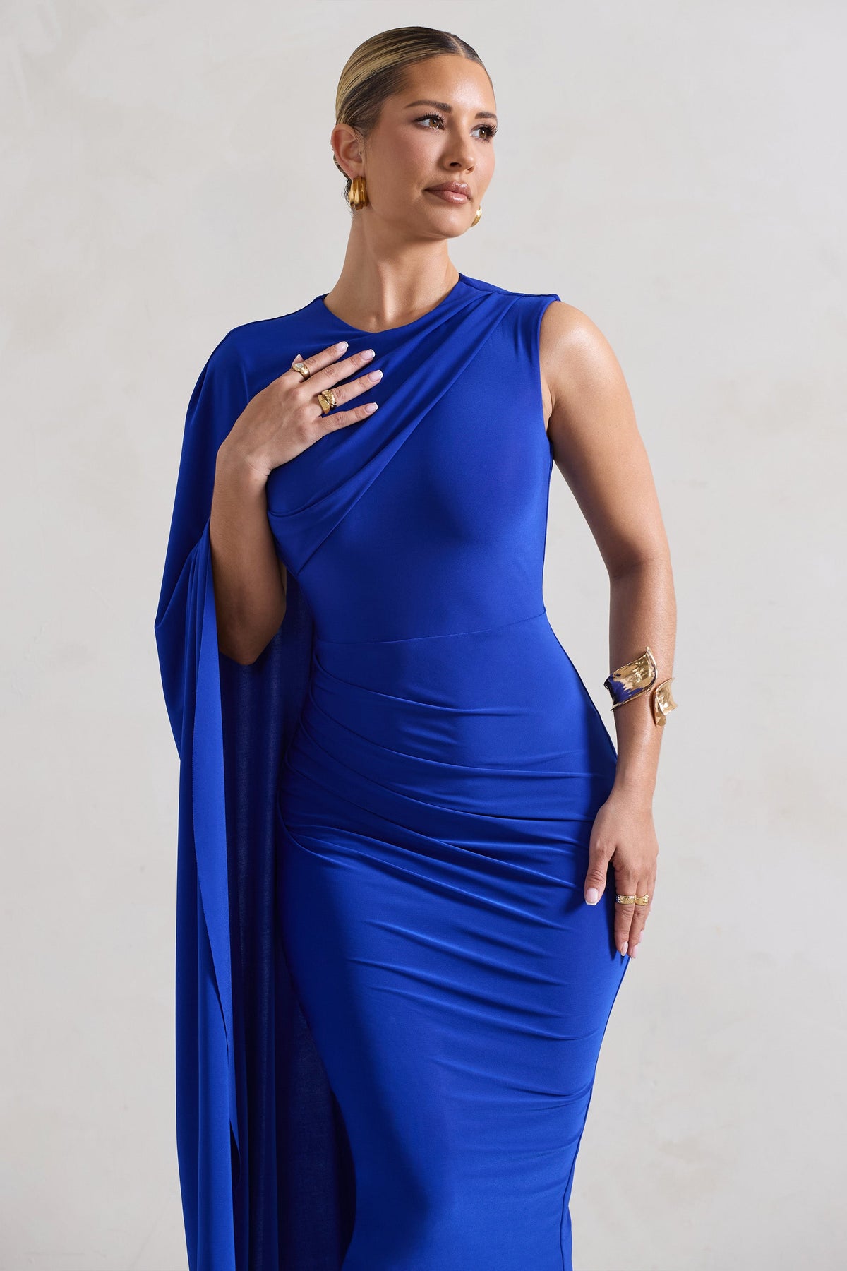 Reveal | Royal Blue One-Sleeve Cape Midi Dress