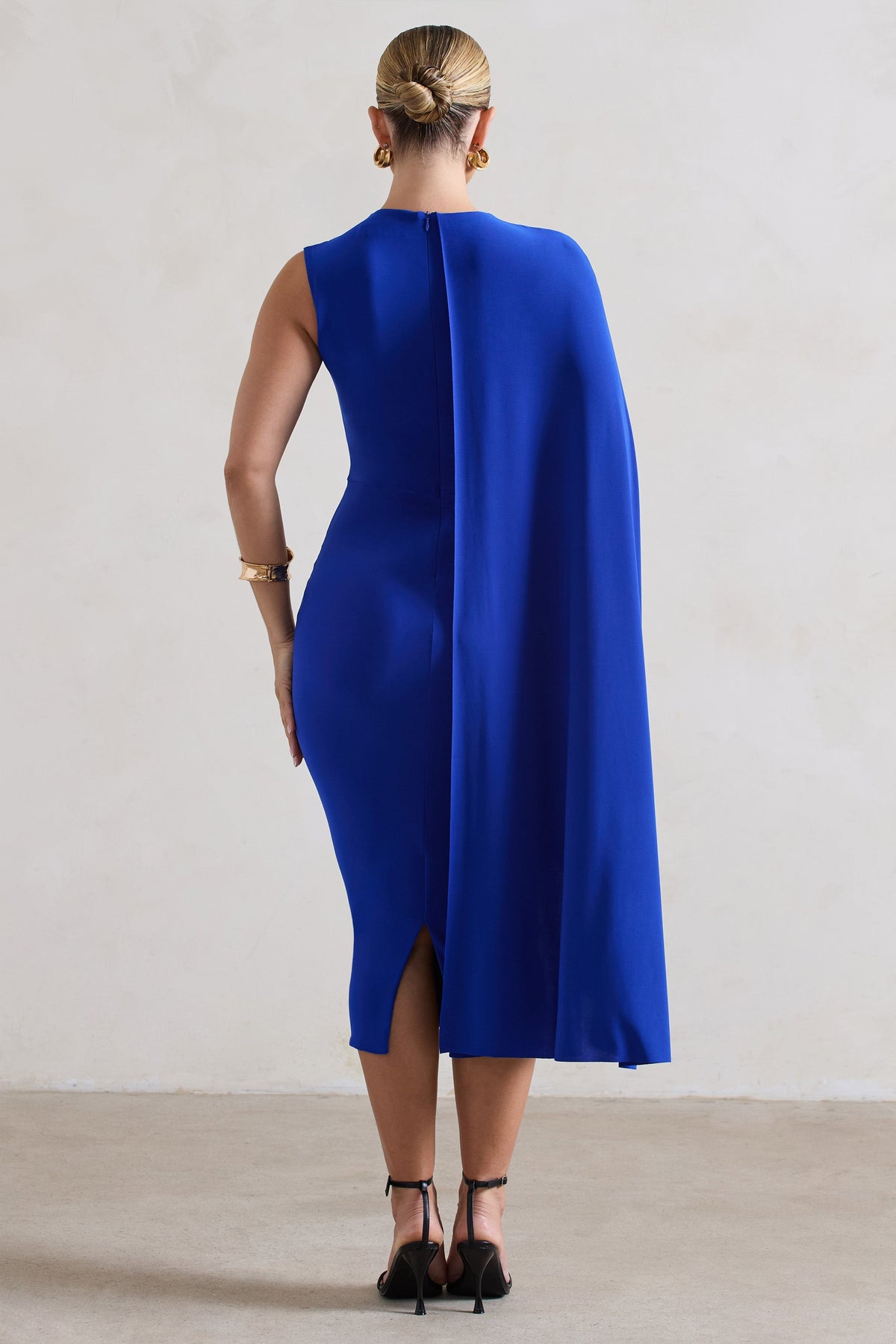 Reveal | Royal Blue One-Sleeve Cape Midi Dress