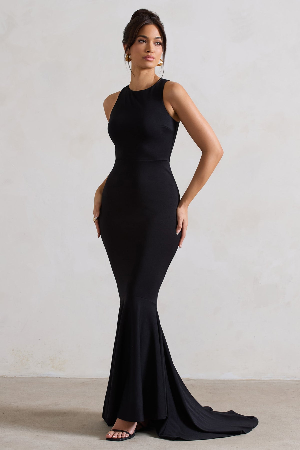 Bodhi | Black Racer-Neck Fishtail Maxi Dress