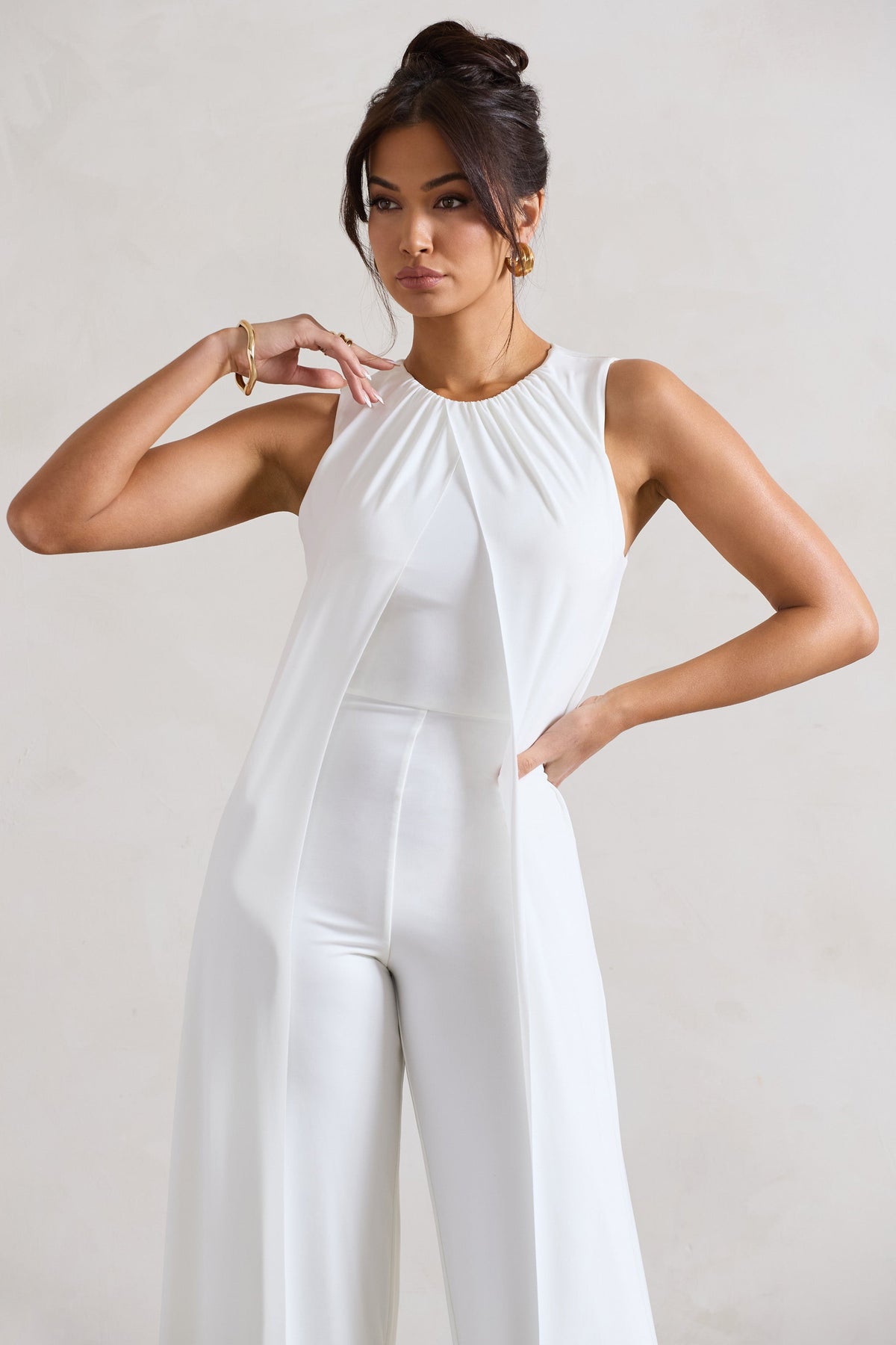 Essence | White High-Neck Wide-Leg Jumpsuit With Cape