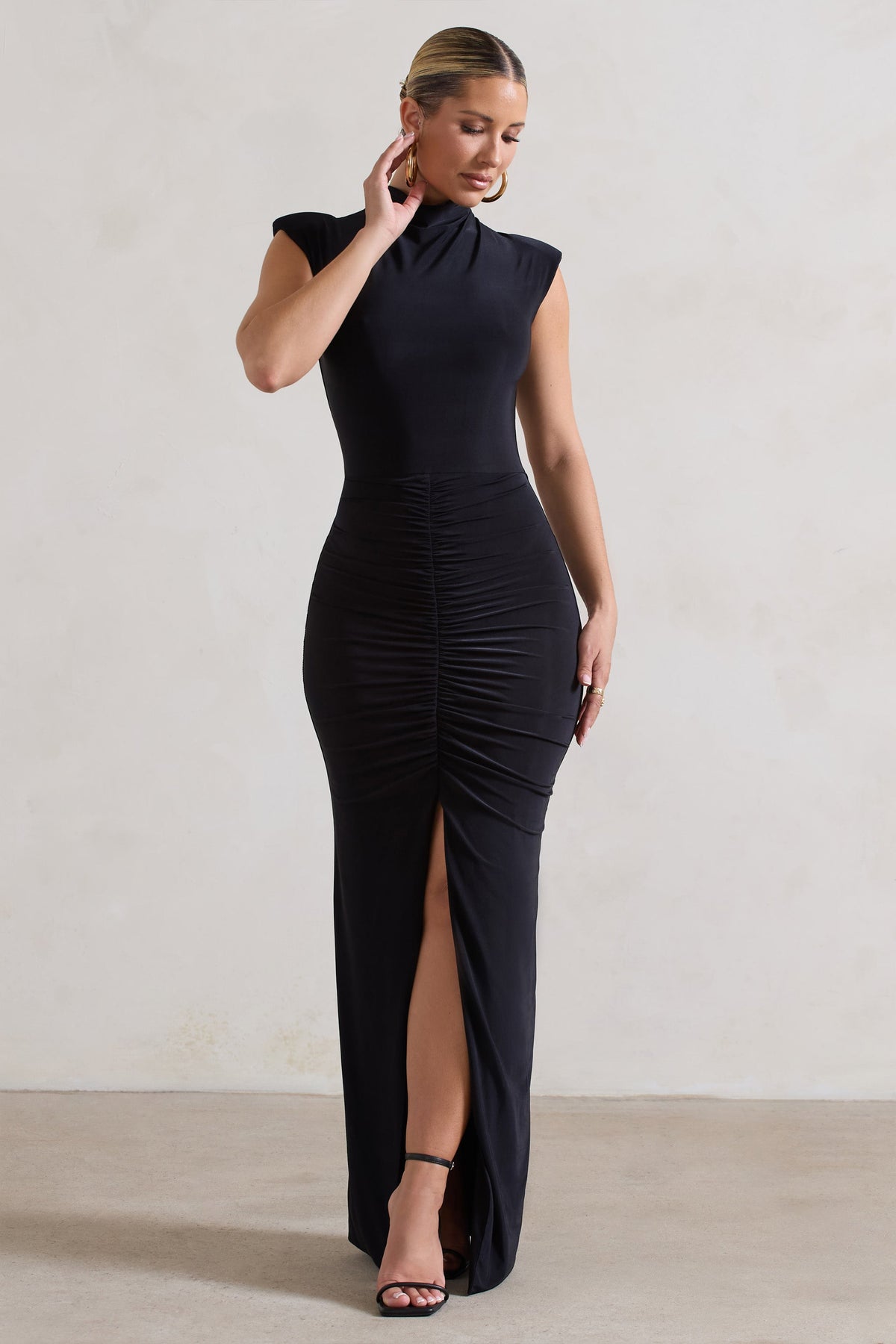 Samira | Black Ruched High-Neck Split Maxi Dress