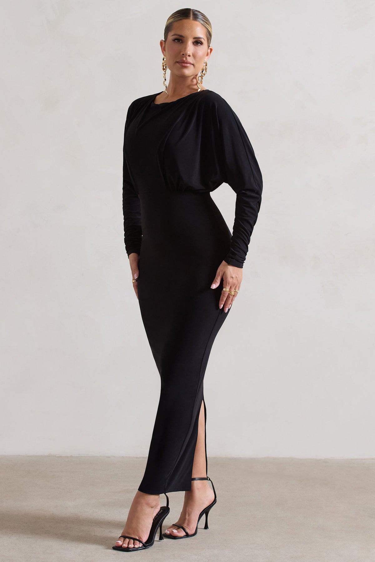 All It Takes | Black Long-Sleeve Draped Maxi Dress