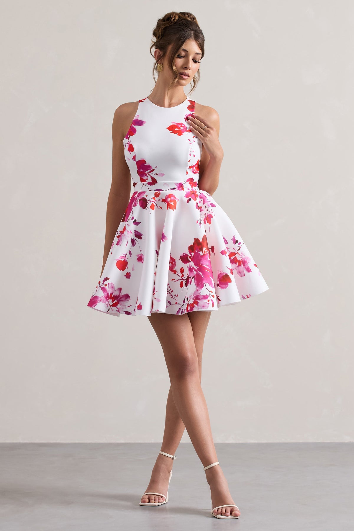 Waverly | Pink Floral Racer-Neck Sleeveless Skater Mini Dress