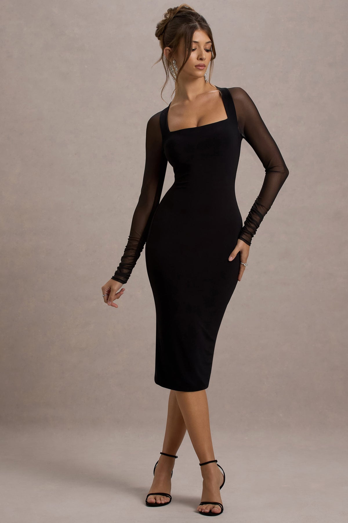 Off Track | Black Bodycon Midi Dress With Sheer Sleeves US 16 / Black