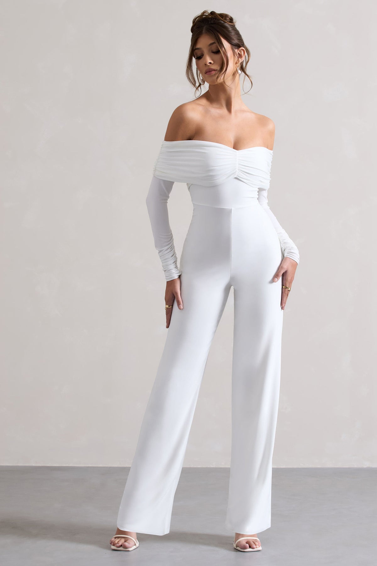 Jules | White Bardot Long-Sleeve Straight-Leg Jumpsuit