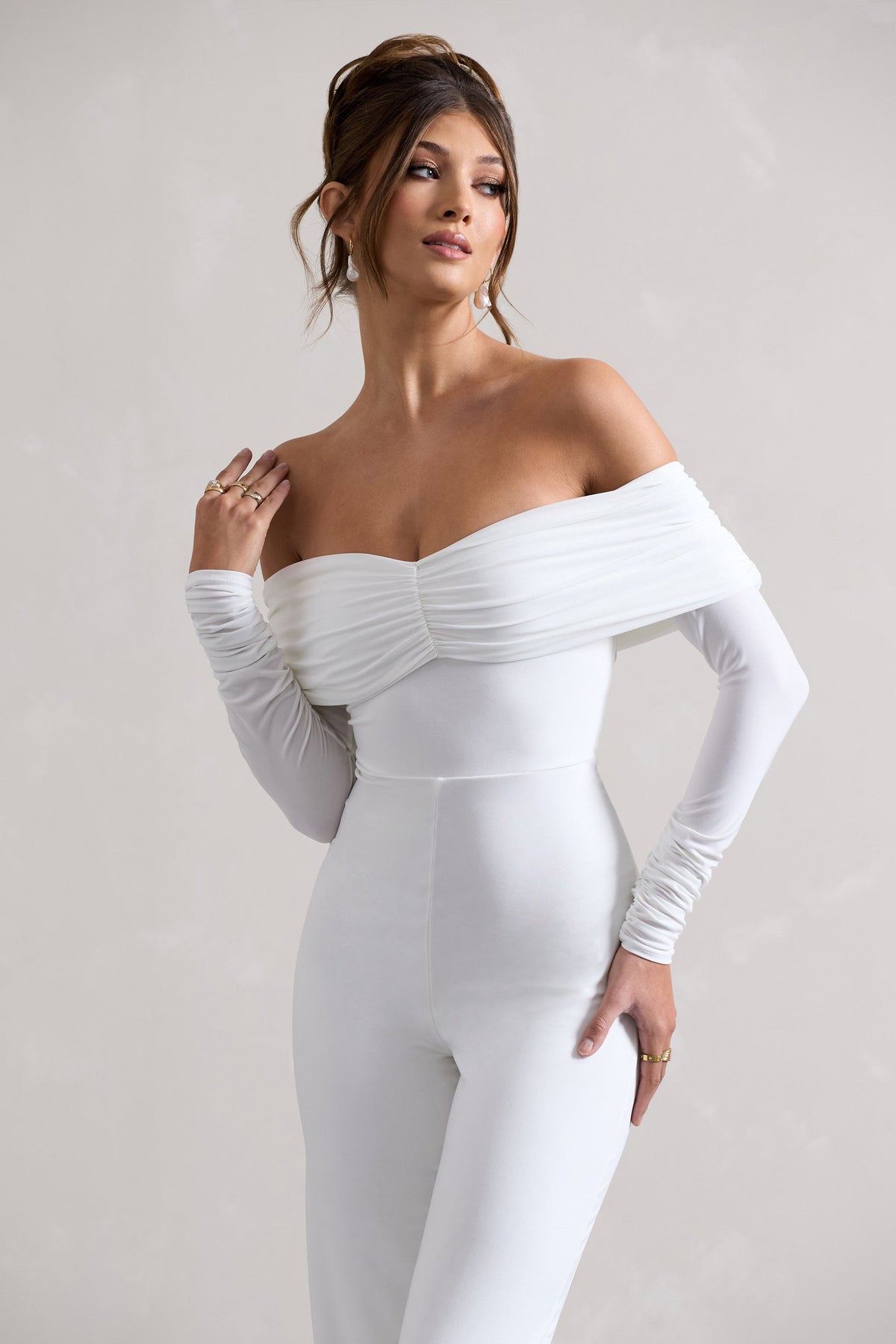 Jules | White Bardot Long-Sleeve Straight-Leg Jumpsuit