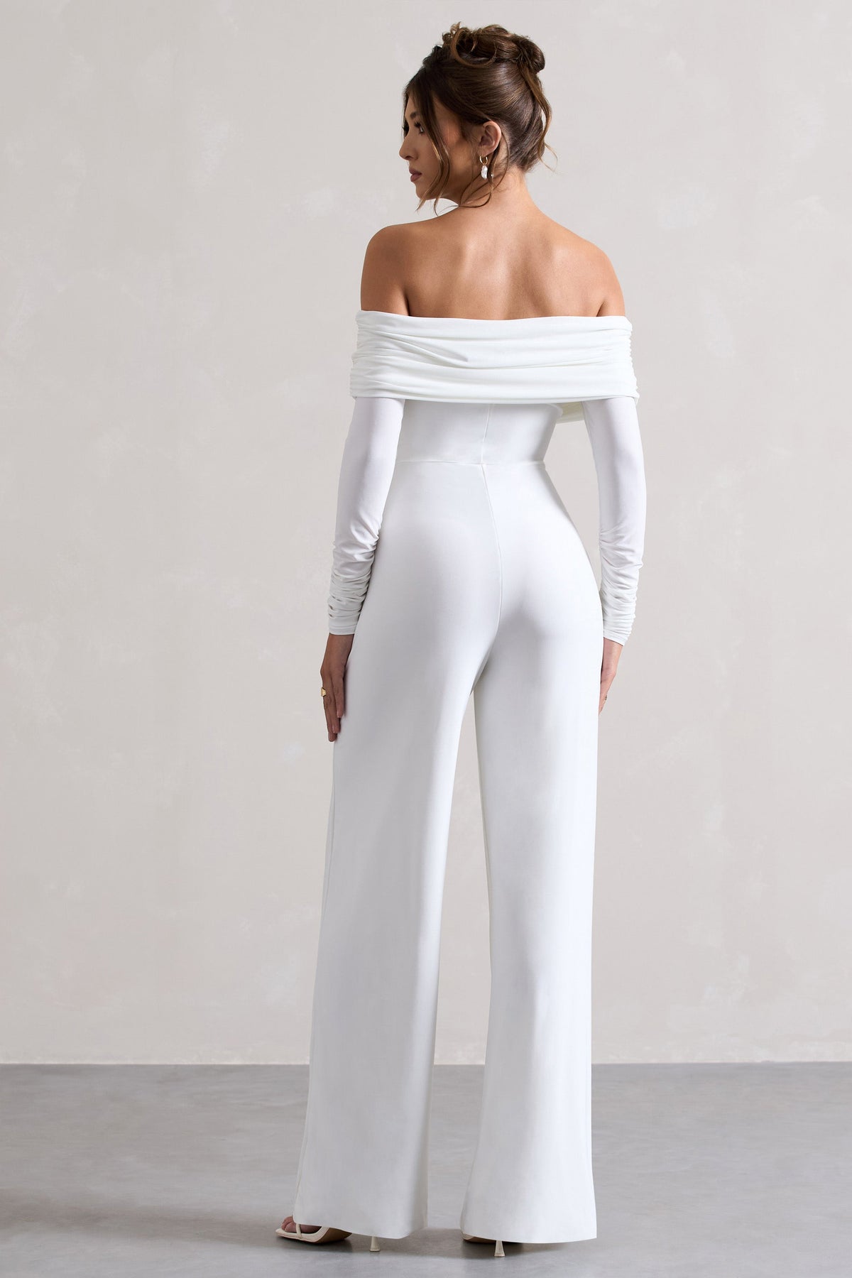 Jules | White Bardot Long-Sleeve Straight-Leg Jumpsuit